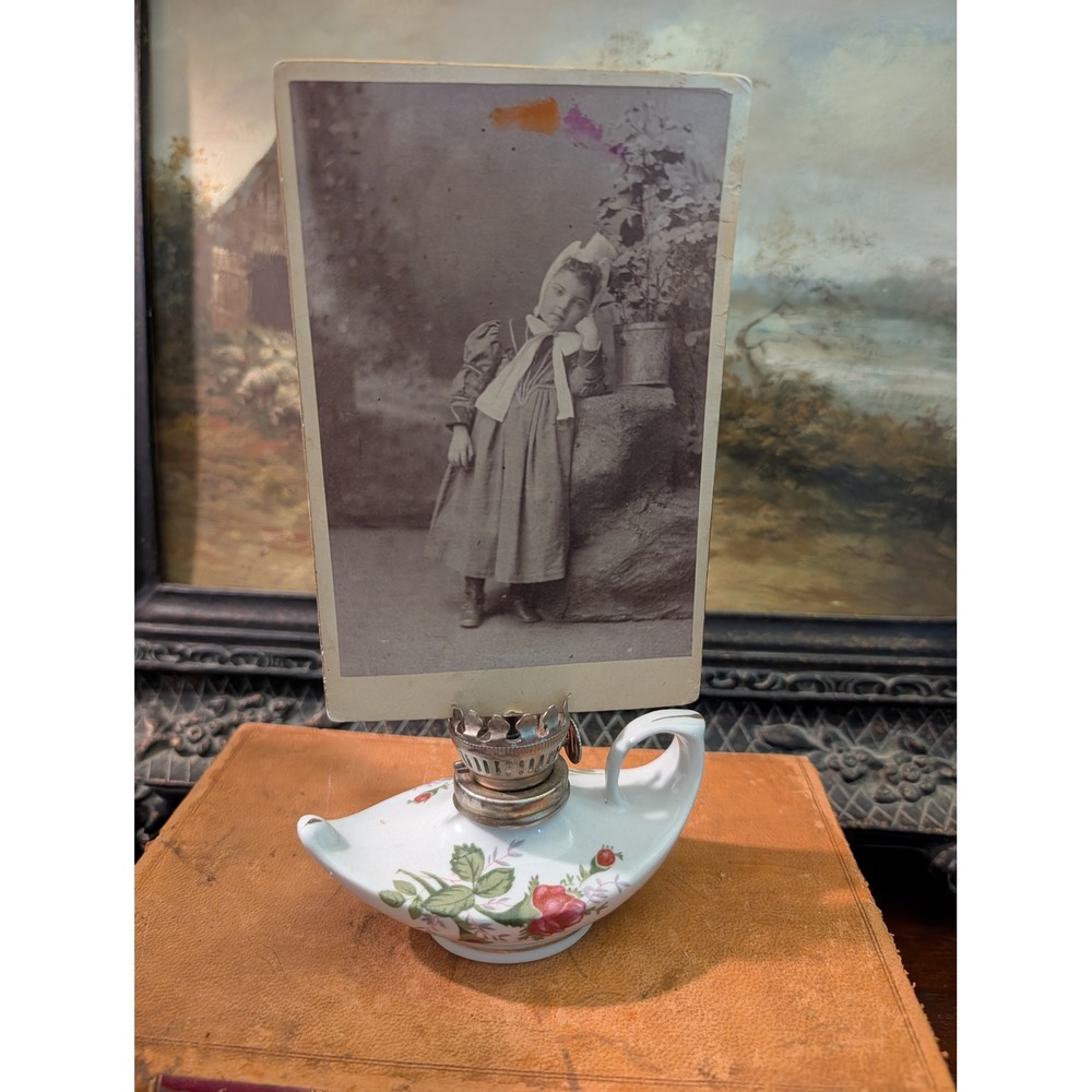 Vintage Porcelain Floral Oil Lamp with Ephemera 3x5